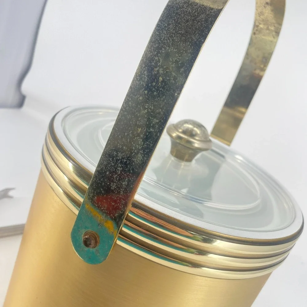 Vintage Ice Bucket Gold Toned with Lid and Ice Tongs Mid Century Barware Round